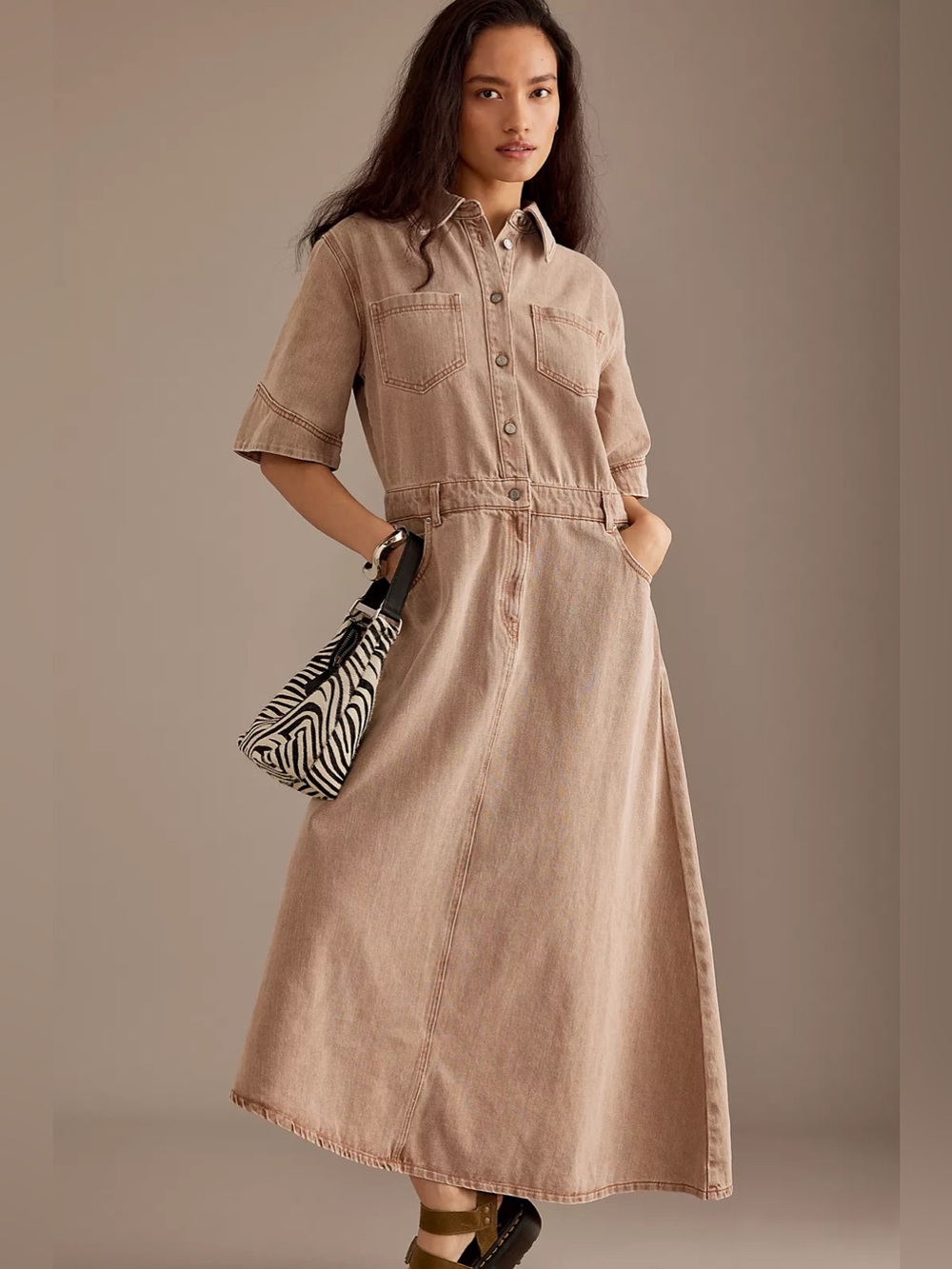 ALIGNE Tan Mateo Asymmetrical Utility Denim Midi Dress Size 12 Large Lagenlook - Picture 12 of 16